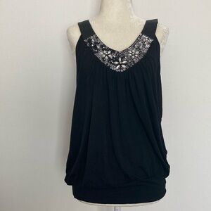 Cable & Gauge Sleeveless Top w/ Silky Embellished Neckline